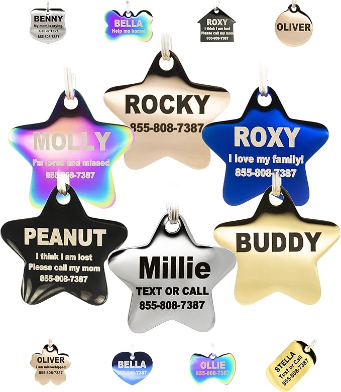 Engraved Dog Tags Personalized - Stainless Steel Engraved Dog Cat ID Tags Front & Back up to 8 Lines of Text Color Plating Gold, Rose Gold, Blue, Black, Nebula by PetANTastic