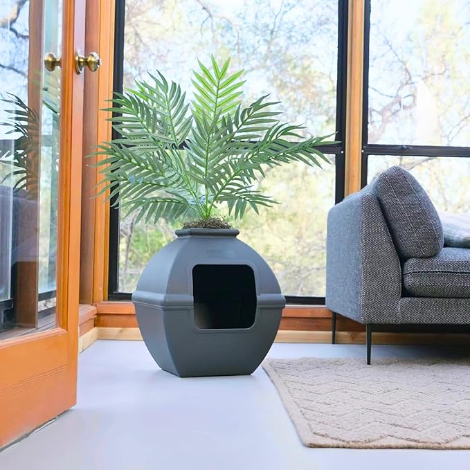 Good Pet Stuff Hidden Litter Box Planter, Decorative Cat Litter Enclosure with Carbon Filter, Artificial Plant, Easy Clean, Indoor Design, Courtyard Square Style, Base Kit, Black Suede