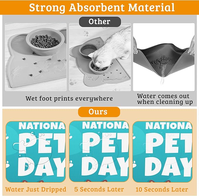 Pet Dog Cat Food Mat,Animal Paws Absorbent Waterproof Placemat for Food and Water Non Slip Rubber Backing Durable Feeding Pad for Clean Floors 16" x 24"