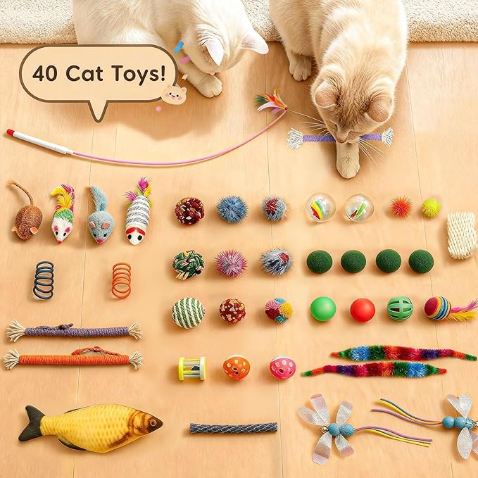 Cat Tunnel Bed with 40 Pcs Interactive Cat Toys, Cat Tube with Kitten Toys for Indoor Kittens, Collapsible Play Tunnel, White