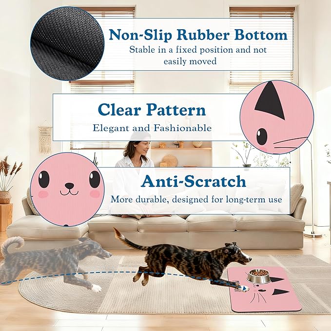 Pink Cat Meow Dog Food Mat–Christmas Stocking Absorbent Quick Dry Feeding Placemat for Food and Water Bowls, Non Slip Rubber Backing, Waterproof Pet Supplies for Mess-Free Eating 16"x24"