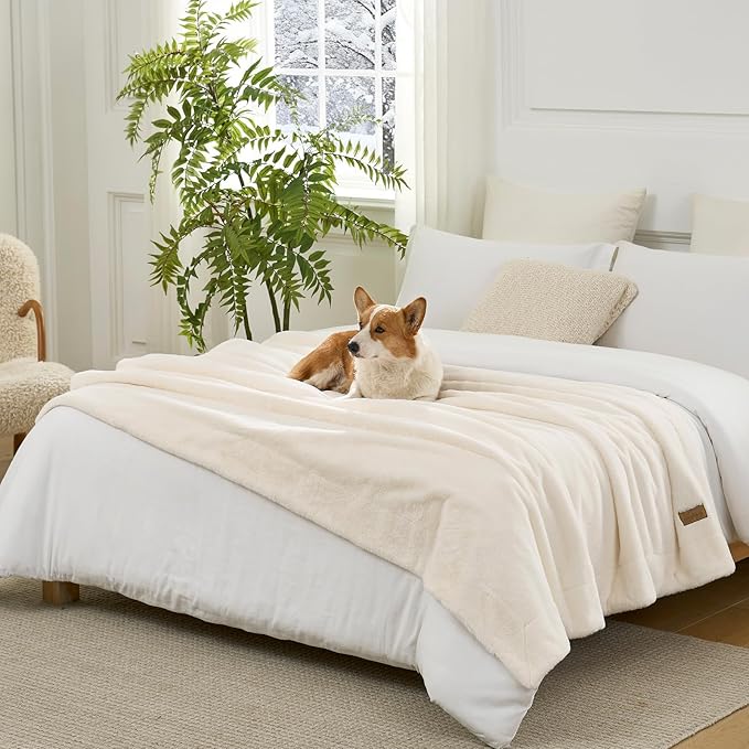 Luxury Faux Fur Throw Blanket Twin, Ultra Soft Waterproof Pet Blanket, Cozy Warm Plush Blanket for Bed Sofa Bedroom Living Room, Liquid Pee Proof for Large Dog or Cat, 60x80 inch, Cream