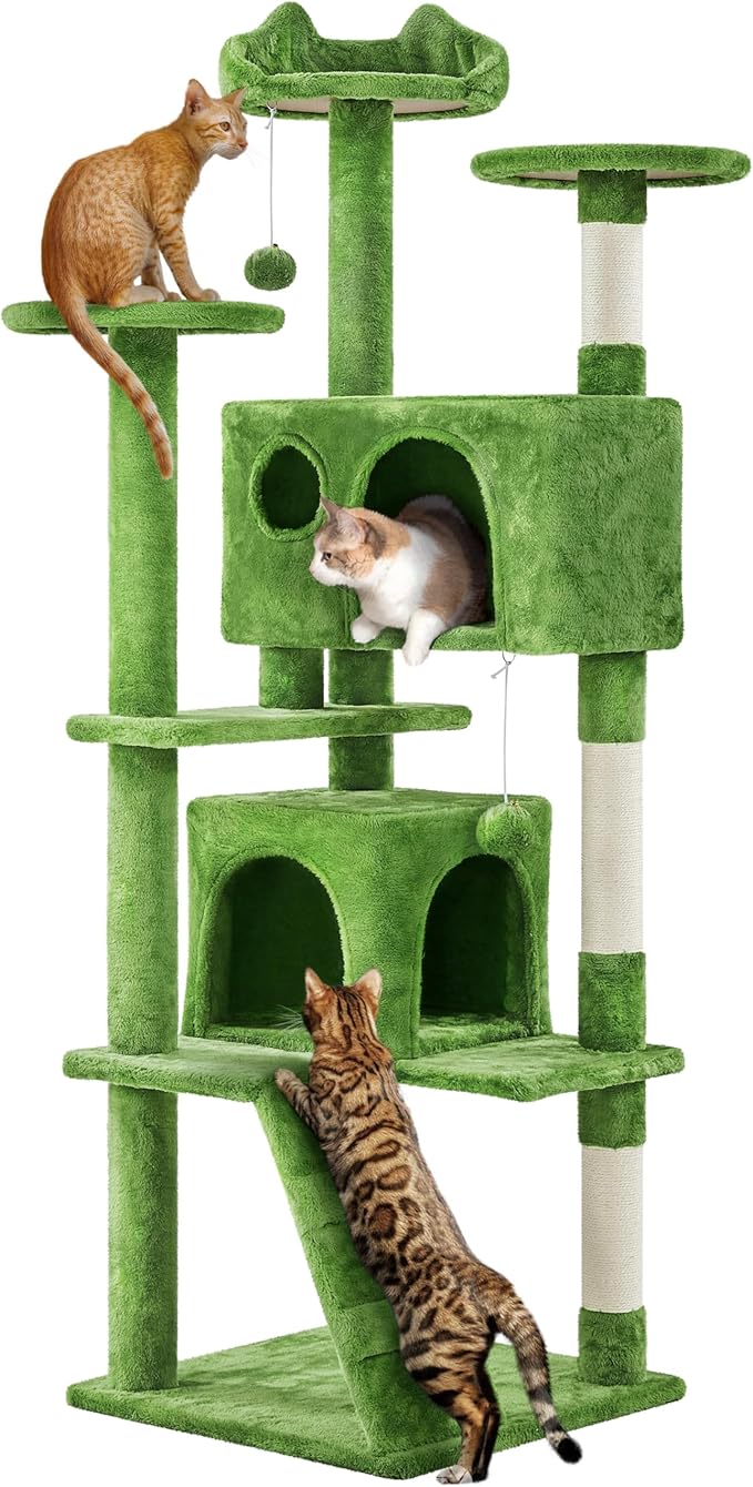 Yaheetech 62in Cat Tree Cat Tower for Indoor Kittens, Pet Furniture w/Double Condo, Scratching Posts, Multiple Platforms and Balls for Kitty, Green