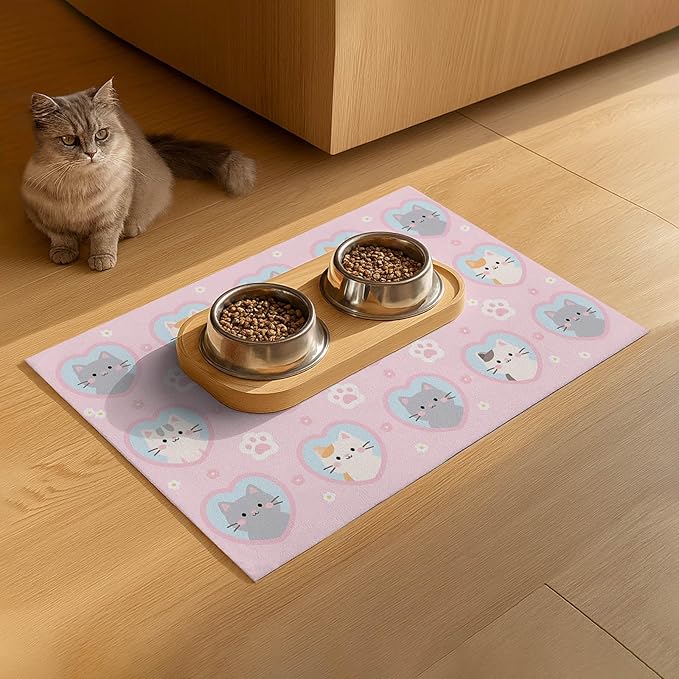 Cat Feedings Mats 20x12 inch Pink Kitten Print Pet Bowl Placemat Non Slip Mat for Cat Food and Water Indoor Kitty Feeding Station Cute Cats Meal Mats for Small Pets Kitchen Floor Use