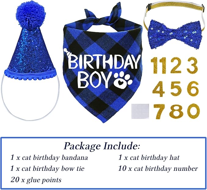 STMK Cat Birthday Decorations, Cat Birthday Hat with Number Bandana Bow Tie Collar for Cats Kittens Apparel Birthday Outfits