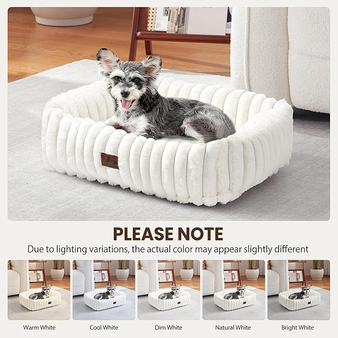 Washable Dog Bed for Small Medium Dogs - Rectangle Orthopedic Corduroy Fleece Pet Bed with Removable Cover and Nonskid Bottom, Calming Puppy Bed Soft Pet Sofa, Cream(20x19x6inchs)