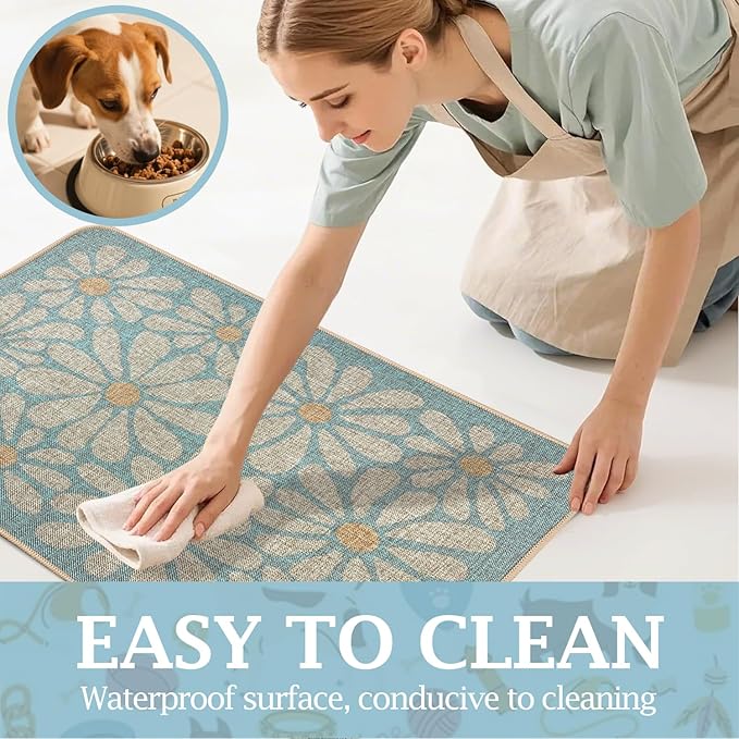 SHIYUE Dog Food Mats for Floors, Absorbent Cat Bowl for Food and Water, Non-Slip Accessories Pet Supplies(16"x24",Sky Blue Flower)