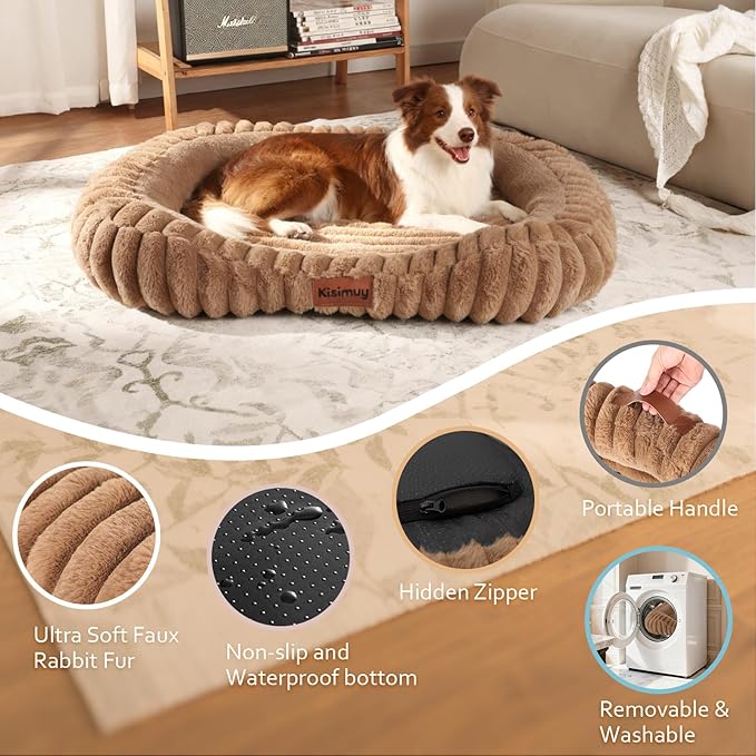 Cute Dog Bed for Medium Size Dog, Calming Medium Dog Cat Bed with Anti-Slip Bottom, Washable Soft Faux Fur Pet Bed, Rectangle Puppy Bed with Handle for Indoor Pets, 30" x 24" x 5", Brown