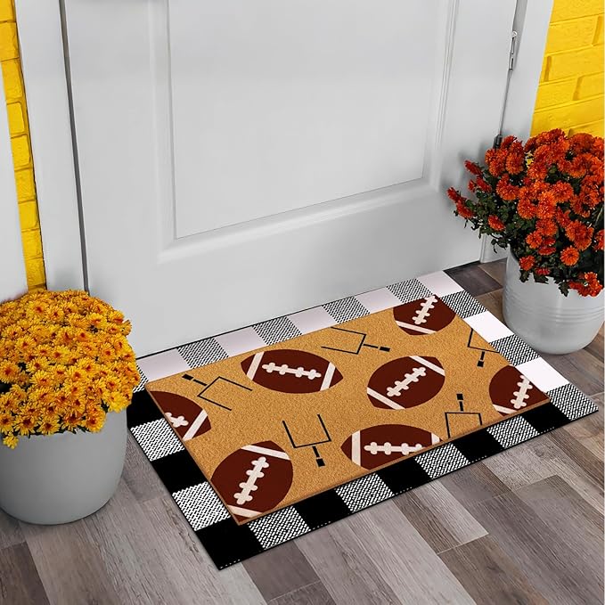 Tinideya 2 Pcs Football Theme Door Mat American Ball Design Welcome Non Slip Coir Mats Sports Floor Layering Doormats Seasonal for Front Porch Entryway Decor(Football Theme)