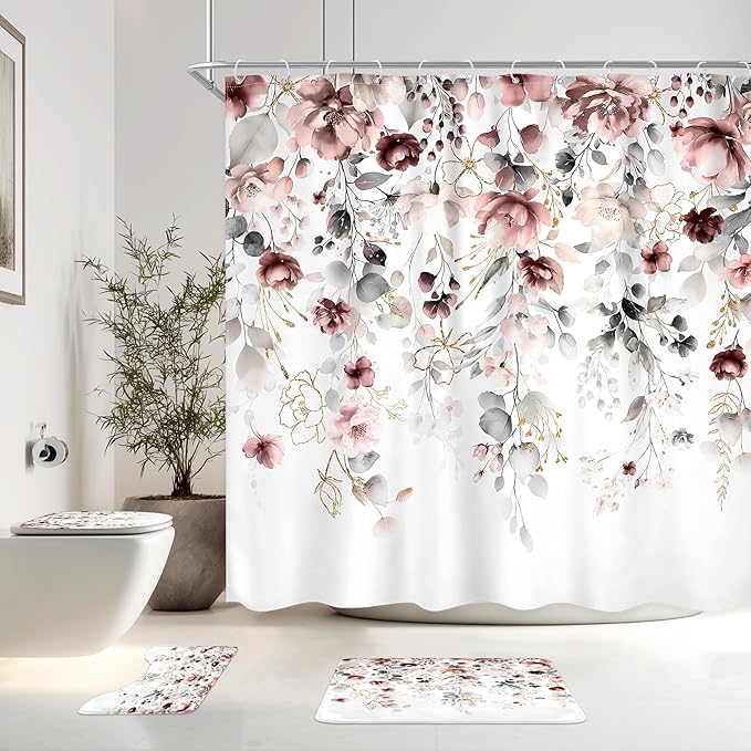 4 PCS Pink Floral Flower Shower Curtain Set 72Wx72H Inch Watercolor Pastel Plant Complete Bathroom Set Non-Slip Bath Rug Toilet Lid Cover and U Shape Mat Accessories 12 Hooks Bathoom Decor