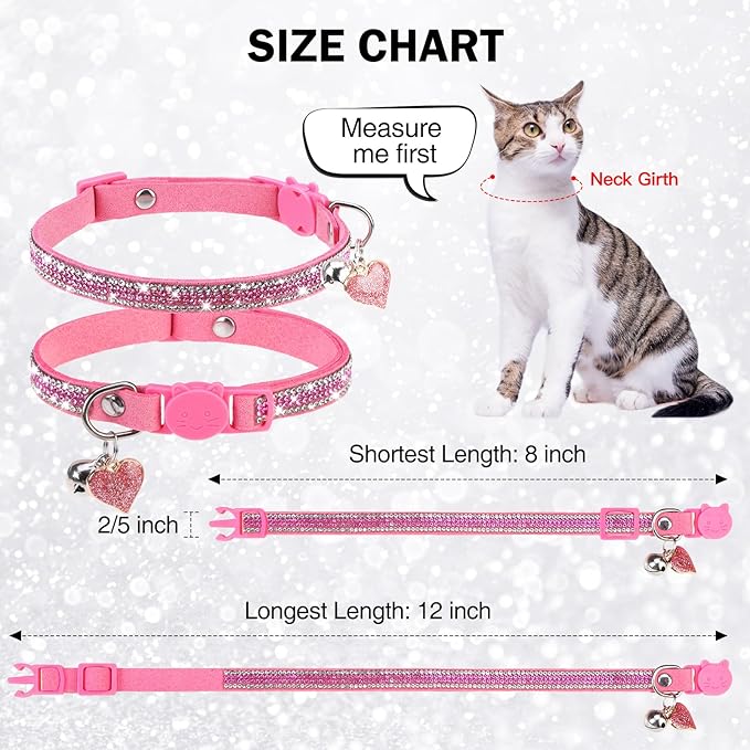 Rhinestone Cat Collar Breakaway with Bell Safety Buckle, 2 Pack Bling Diamond Kitten Collar for Gril Cats, Soft Velvet Female Cat Collars Adjustable 8-12 Inch, Pink