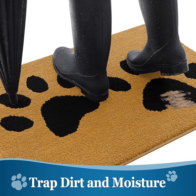 Buganda Dog Door Mat for Muddy Paws, Absorbent Dirt Trapper Washable Indoor Doormats, Non Slip Low-Profile Mud Mat for Dogs, Front Entrance Doormat for Inside Floor (30x20 Inches, Yellow and Black)