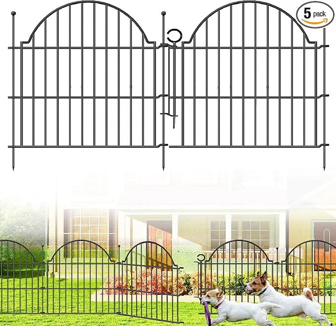 Decorative Metal Garden Fence with Gate Lock 5 Panels, 24in (H) x 10ft (L) No Dig Dog Fence Outdoor for Yard, Temporary Rustproof Metal Wire Rabbit Dog Garden Border Fencing for Patio