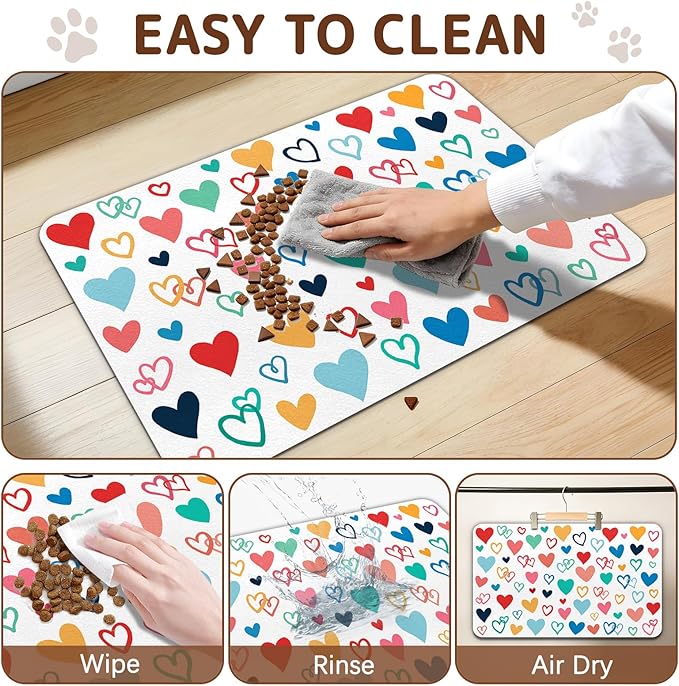Dog Food Mat for Bowls, Absorbent Quick Dry Dog Cat Mats for Food and Water, Non-Slip Backing Pet Mat Pet Supplies - Heart Pattern