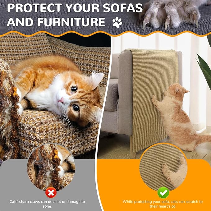 Jute 78.7"x15.8" Trimmable Cat Scratching Mat for Furniture Protector,Versatile Self-Adhesive Anti Cat Scratch Pad for Couch Protection&Cat Scratcher Tree/Post/Wall/Board/Twine Replacement