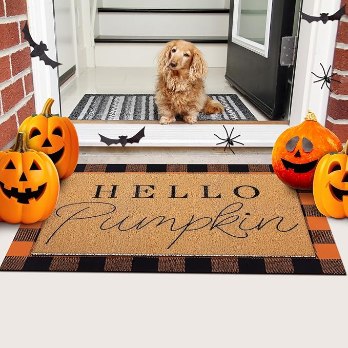 Tinideya 2 Pcs Door Mat Welcome Non Slip Coir Mats Floor Layering Doormats Seasonal for Front Porch Entryway Decor(Black Orange)