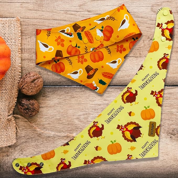 Thanksgiving Dog Bandanas with Snap Button, 2 Pack Adjustable Fall Bandanas for Small, Medium, and Large Dogs, Pumpkin Pet Scarf for Autumn Costume Accessory & Photo Shoot (X-Large)