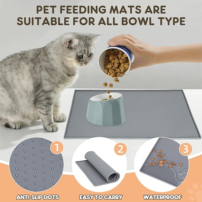 Dog Cat Food Mat for Food and Water Silicone Pet Feeding Mat Water Bowl Dish Mats for Floors Waterproof Nonslip Placemat Tray to Stop Messes on Floor