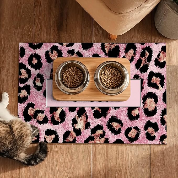 Puppy Feeding Mat 20x12 inch Pink Leopard Print Dog Bowl Placemat Non Slip Mat for Pet Food and Water Small Dogs Indoor Feeding Station Puppy Pet Placemat for Kitchen and Dining