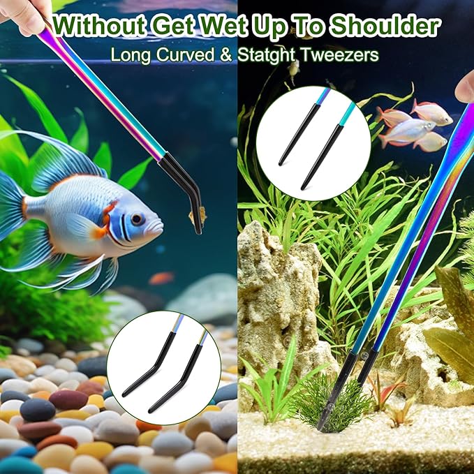 OLIISS Stainless Steel Reptile Feeding Tongs with Rubber Tip - 10.6" Straight & Curved Tweezers for Aquariums & Crafts - Feeder Tools for Bearded Dragons & Lizards - Terrarium Tank Supplies - 2 Pack