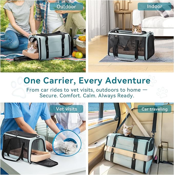 PETSFIT Large Cat Car Carrier with Patented Safety Buckles(19 x 12 x 12) – Roomy Escape-Proof for Safe Driving, Lockable Zippers & Safety Tether, Soft-Sided Travel Carrier for Road Trips & Vet Visits