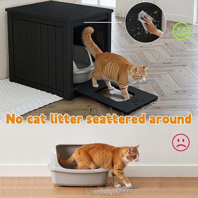 Cat Litter Box Enclosure, Multi-Functional Hidden Cat Litter Box Furniture & Indoor Outdoor Cat House with Side Table Design, Openable Front Door & Raised Floor, Easy to Clean & Assemble, Black