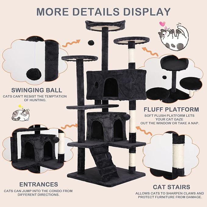 Heavy Duty Cat Tree Tower, 54" Tall Cat Tower for Indoor Cats with Cat Scratching Post with Bed, Cat Condo, Hanging Ball, Multi-Level Cat Climbing Tower Cat Trees Furniture Activity Center, Dark Grey