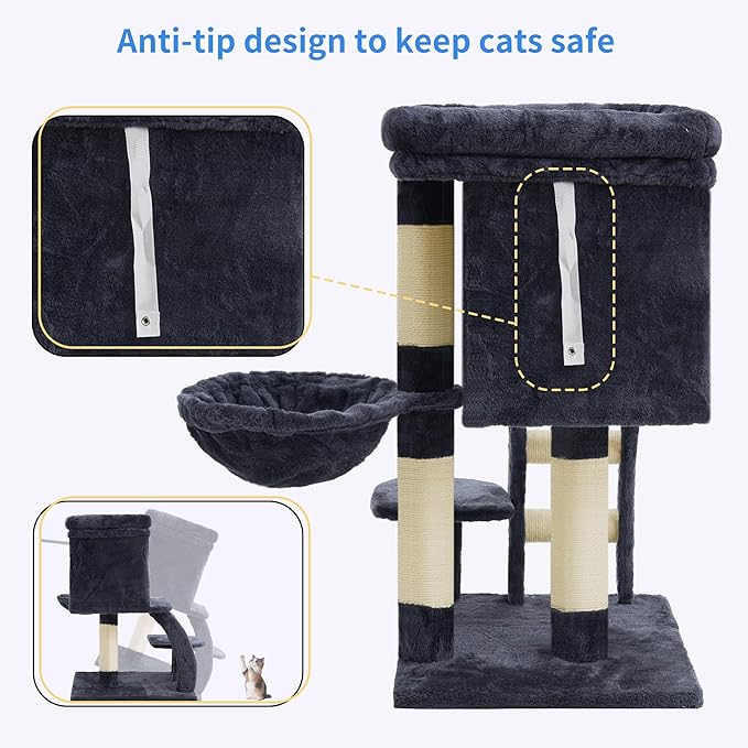 Heybly Cat Tree Tower, Cat condo for Indoor Kittens, Cat House with Wide Plush Top Perch, Ladder, Basket, Sisal-Covered Scratching Posts, Cozy Activity Center for pet, Smoky Gray HCT009SG