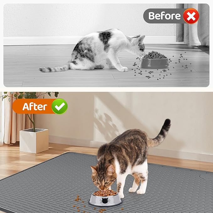 Cat Food Mat, 34" x 22" Large Silicone Pet Feeding Mat for Food and Water Bowls Non-Slip, Easy to Clean (Dark Grey)