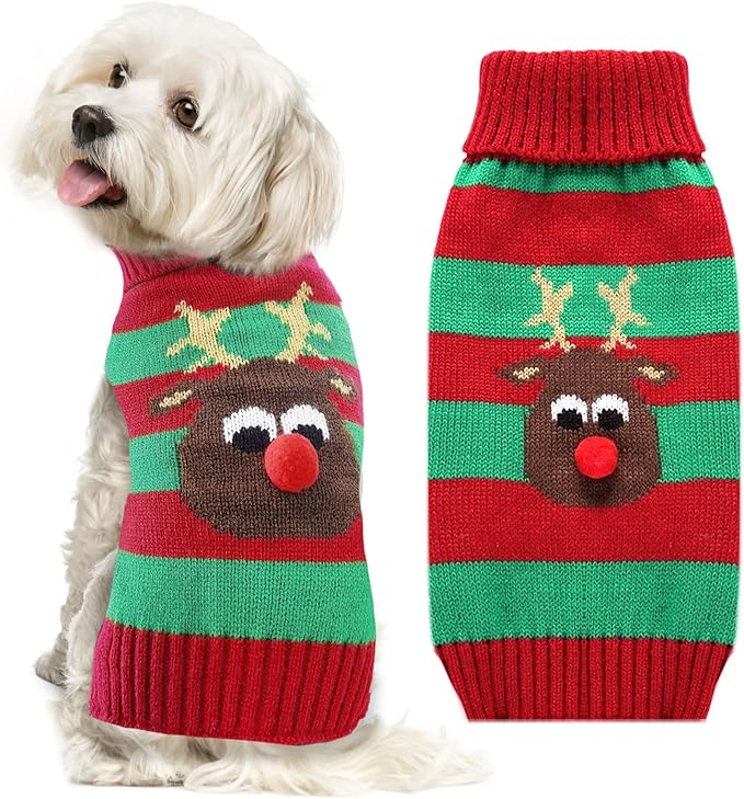 Dog Cat Christmas Sweater Boy Girl Ugly Reindeer Xmas Pet Clothes Holiday Puppy Costume New Year Gifts for Small Medium Large Dogs Outfits (XS, Red Green Stripe Reindeer)
