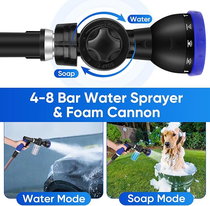 Pet Bathing Sprayer Kit,10 Spray Patterns, Adjustable Hose Wash Sprayer with 4 to 8 Bars Foam Blaster,Suitable for Pet Washing, Car Cleaning and Garden Use with 1/2” Quick Connector