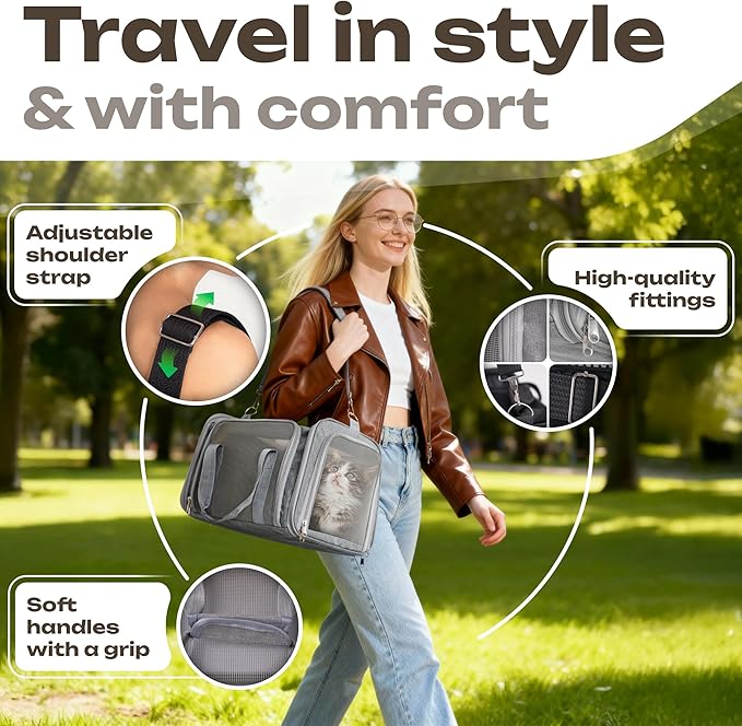 Pet Carrier for Cats, Rabbits, Guinea Pigs – Airline Approved Soft-Sided Travel Bag, Lightweight Dog Carrier, Ventilated & Foldable (Grey, Medium)