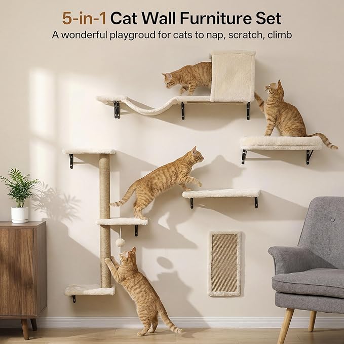 MEWANG 5-in-1 Cat Wall Shelves: Cat Climbing Furniture with Wall Mounted Perch & Lounge for Indoor Cats, Space-Saving Wall Pet Shelves for Play & Rest - Beige