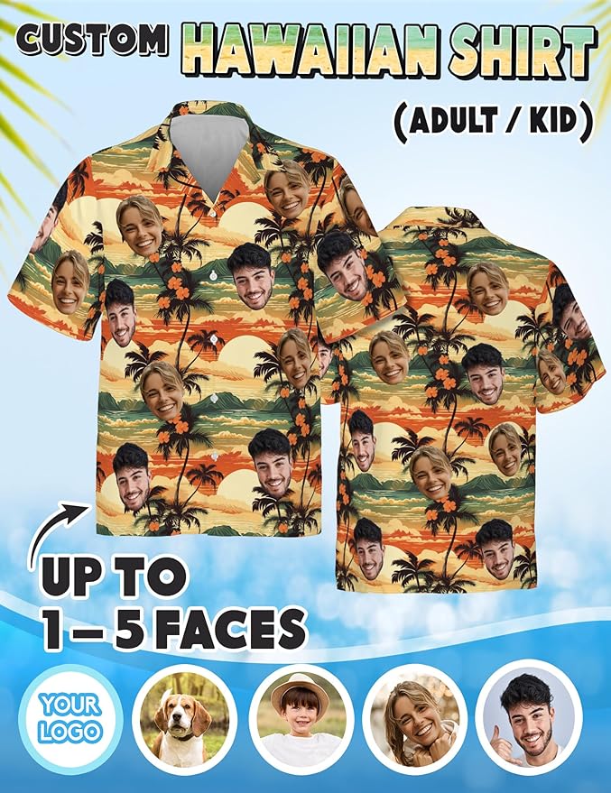 Custom Hawaiian Shirt with Face Photo Picture for Men Women Kids Youth Adult, Tropical Personalized Hawaiian Shirts Gift