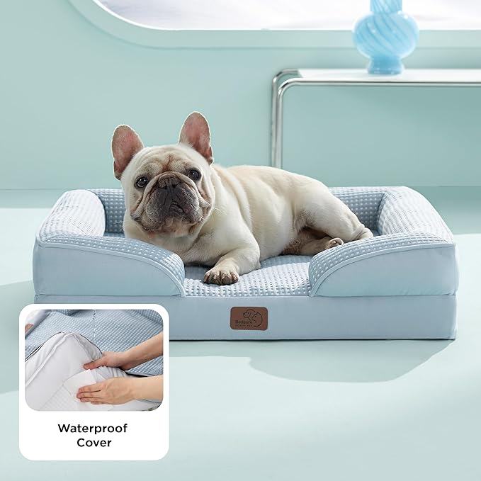 Bedsure Orthopedic Dog Bed Medium Size Dogs - Washable Medium Dog Cat Bed Waterproof, Comfort Pet Couch Sofa with Washable Removable Cover, Pets Bed with Nonskid Bottom, Cooling Blue, 28"