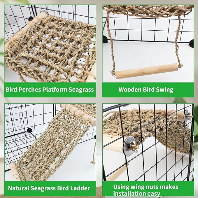 FlidRunest Bird Perch Platform Swing with Climbing Ladder, Parrot Chewable Natural Seagrass Woven Hammock, Parakeet Cage Accessories Playing Gyms Exercise Sturdy for Cockatiels, Lovebirds, Budgies