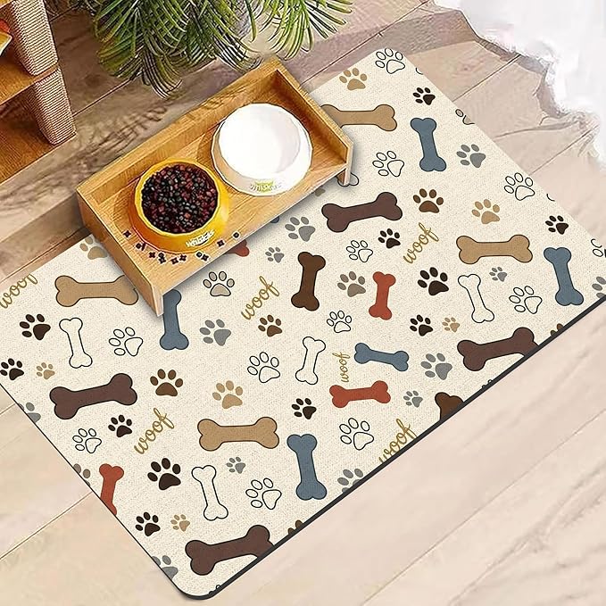 Dog Feeding Mat 20 x 12 Inch, Neutral Paw Bone Woof Dog Placemat Absorbent Quick-Dry for Food and Water, Waterproof Non Slip Rubber Pet Bowl Pad Mat for Floors