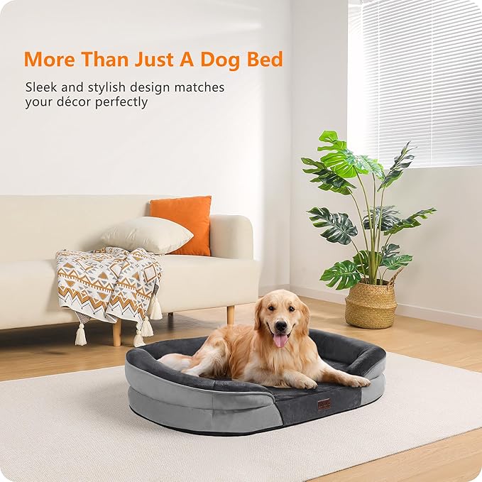 Dwanton Orthopedic Dog Bed for Large Dogs with Gel Memory Foam, Waterproof Dog Sofa, Washable Pet Bed with Four Sided Bolster Cushion, Removable Cover & Non-Slip Bottom, 42", Dark Gray
