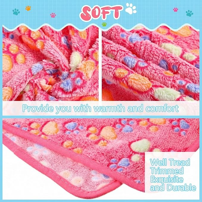 Tatuo 4 Pcs Dog Blanket for Pet Cat Blankets Indoor Puppy Teething Stuff Toys Paw Print Fleece Soft Blanket Sleep Mat for Guinea Pig Cage(Pink,Small(24 x 16 Inch),Square)