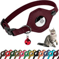 Breakaway Airtag Cat Collar with Removable Bell - Leather Pet Collar with Apple Air Tag Holder - Adjustable GPS Collars for Girl Boy Cats Kitten Puppy - Lightweight, Cute and Comfortable (Burgundy)