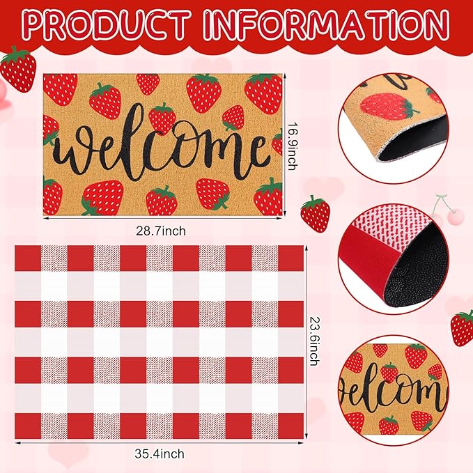 Tinideya 2 Pcs Strawberry Door Mat Fruit Pattern Design Welcome Non Slip Coir Mats Red and White Plaid Floor Layering Doormats Seasonal for Front Porch Entryway Decor(Strawberry)