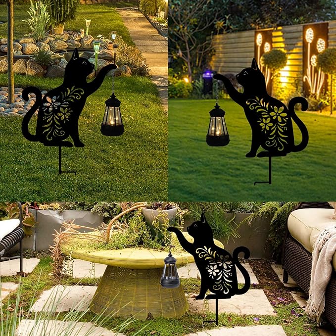Bshine Cat Solar Light Outdoor Garden Decoration, Waterproof Metal Stake Black Outdoor Statue Lantern, Lawn Ornaments for Yard, Path, Patio, Sculpture Black Cat Memorial Gift