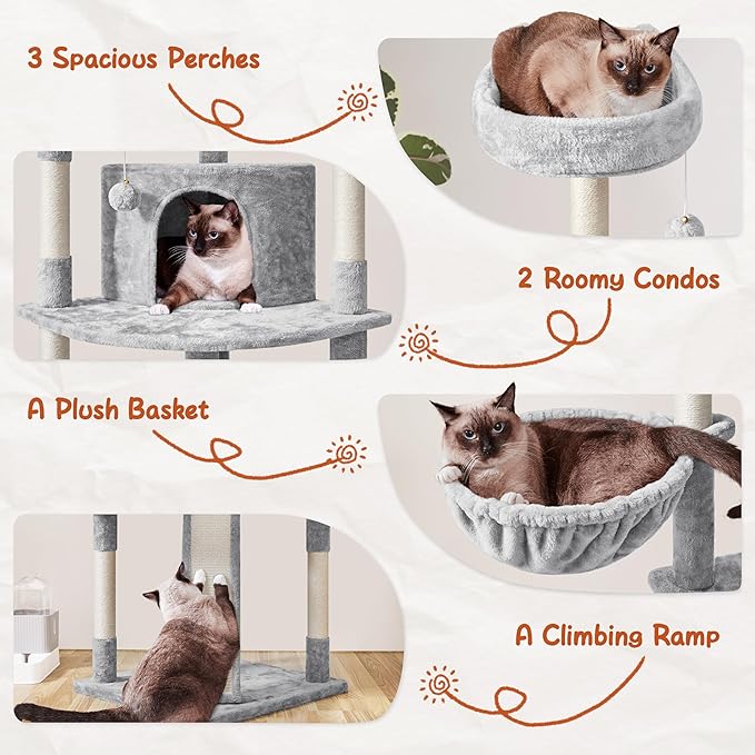 Yaheetech 76in Cat Tree Multi-Level Cat Tower with Large Cat Condo＆Cozy Perches Stable Pet Play House w/Sisal-Covered Scratching Posts＆Board for Indoor Cats, Light Gray