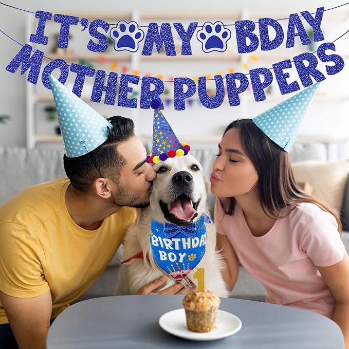 Dog Birthday Decorations, Dog Birthday Hat with Numbers Bandana Bow Tie It’s My Bday Mother Puppers Banner for Small Medium Large Dogs Pets Supplies(Blue)