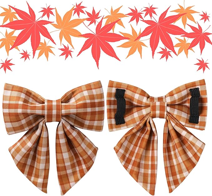 Fall Plaid Dog Collar and Bow Tie Set – Brown Orange Checkered Adjustable Collar with Maple Leaf Charm for Small Medium Large Dogs, Soft Cotton Puppy Collar with Quick Release Buckle