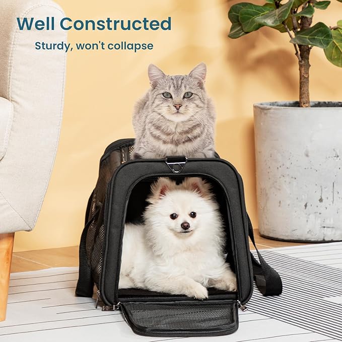 Airline Approved Cat Carrier, Soft-Sided Collapsible Pet Carrier for Travel, 3 Carrying Ways, Lightweight and Ventilation on 5 Sides, Escape Proof, with Soft Fleece Pad