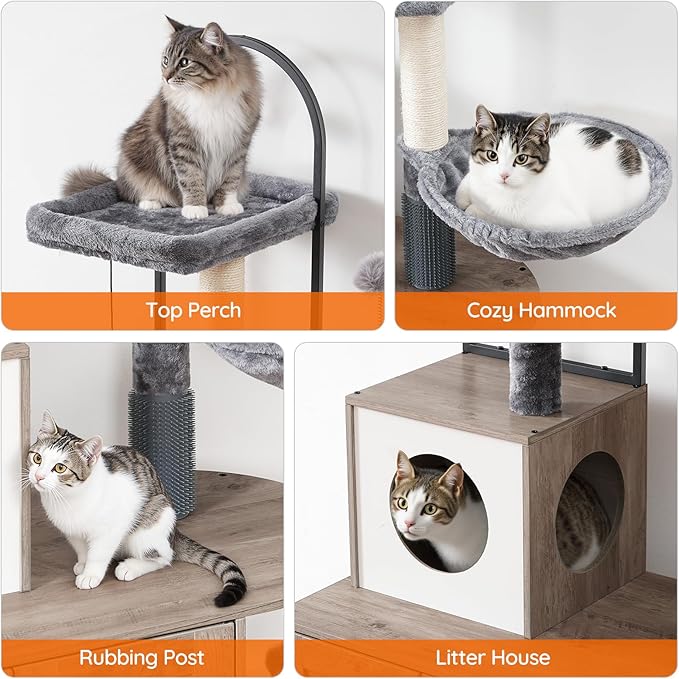 HOOBRO Cat Tree with Litter Box Enclosure, Arched All-in-One 31.5" Cat Tower with Hidden Litter Box Furniture for Indoor Cats, Versatile Cat Condo with Sisal Posts, Hammock, Greige and Gray BG45MZ03