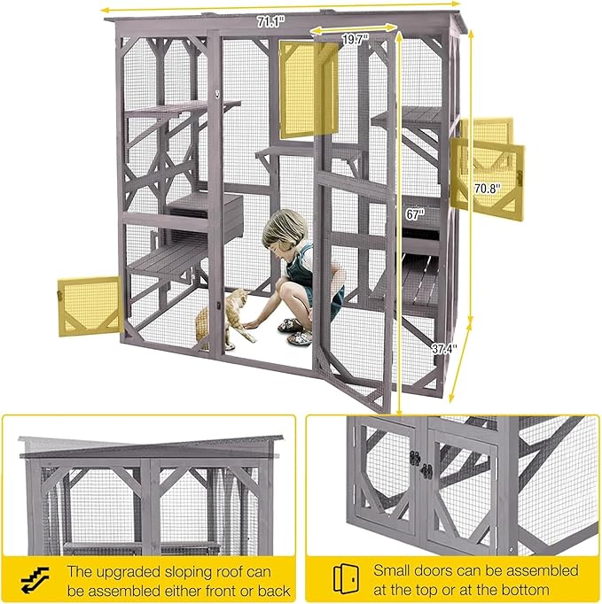 Aivituvin Catio Outdoor Cat Enclosure with 7 Platforms, 2 Resting Boxes, Large Window Cat House for 6-8 Mulitiple Cats Walk in Kitty Cage with Weatherproof Tarp Roof 71"