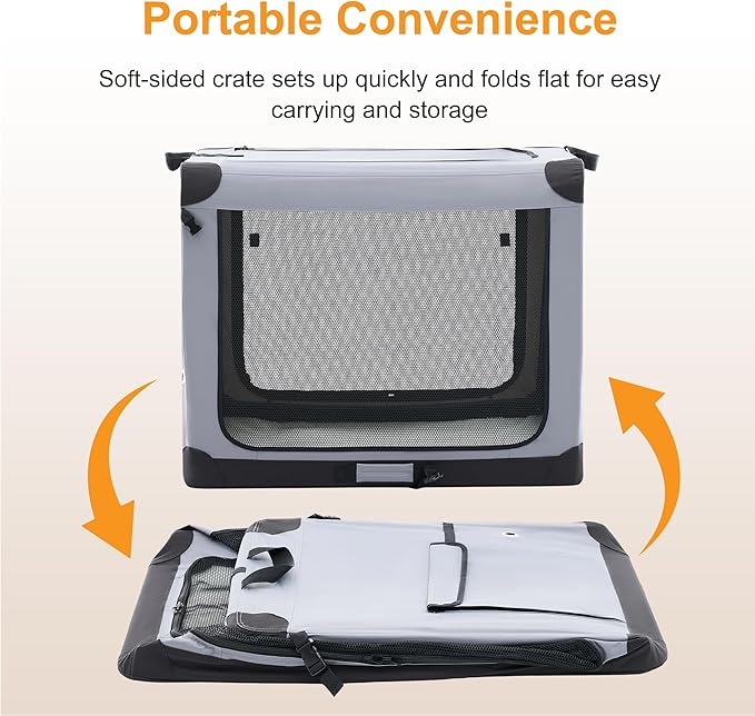 Dog Travel Crate 36 Inch, Portable Soft-Sided Travel Carriers for Dogs and Cats, Foldable Pet Kennel with 3-Doors Mesh Windows Indoor & Outdoor, Grey