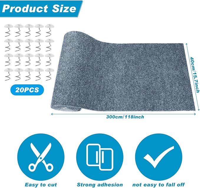 Cat Scratching Mat, 118" x 15.8" Self-Adhesive Trimmable Cat Scratching Carpet Mat with 20 Screws, DIY Cat Scratchers Furniture Protector for Indoor Cats, Couch, Wall and Cat Tree Shelves